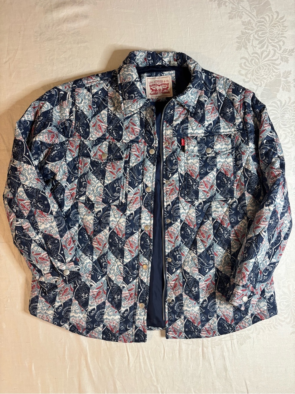 Levi’s Diamond Quilted Shirt Jacket M Blue Paisley Bandana Patchwork Western